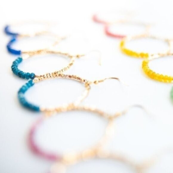 Blue Apatite Sparkly Gold Hoop Earrings Fun dangle party earrings gift for her - Picture 8 of 9